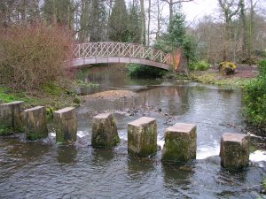 Harewood House喜玛拉雅花园的阶梯石桥和池塘边的木制人行桥;在英国西约克郡的哈伍德
