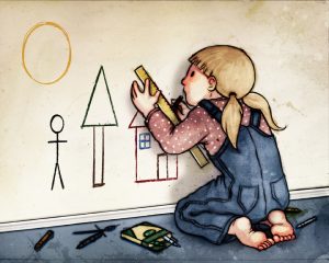 一个年轻女孩在墙上简单地画房子、树和简笔画。她跪在各种蜡笔和铅笔旁边。她正在用尺子画屋顶的线，尽管是粗糙的表示，但画中的元素(三角形、正方形等)都被测量得完美无缺。