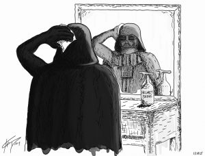 达斯·维达(Darth Vader)坐在梳妆台前看着镜子的卡通。他正在擦他的头盔。梳妆台上有一瓶贴着“头盔光泽”的标签。