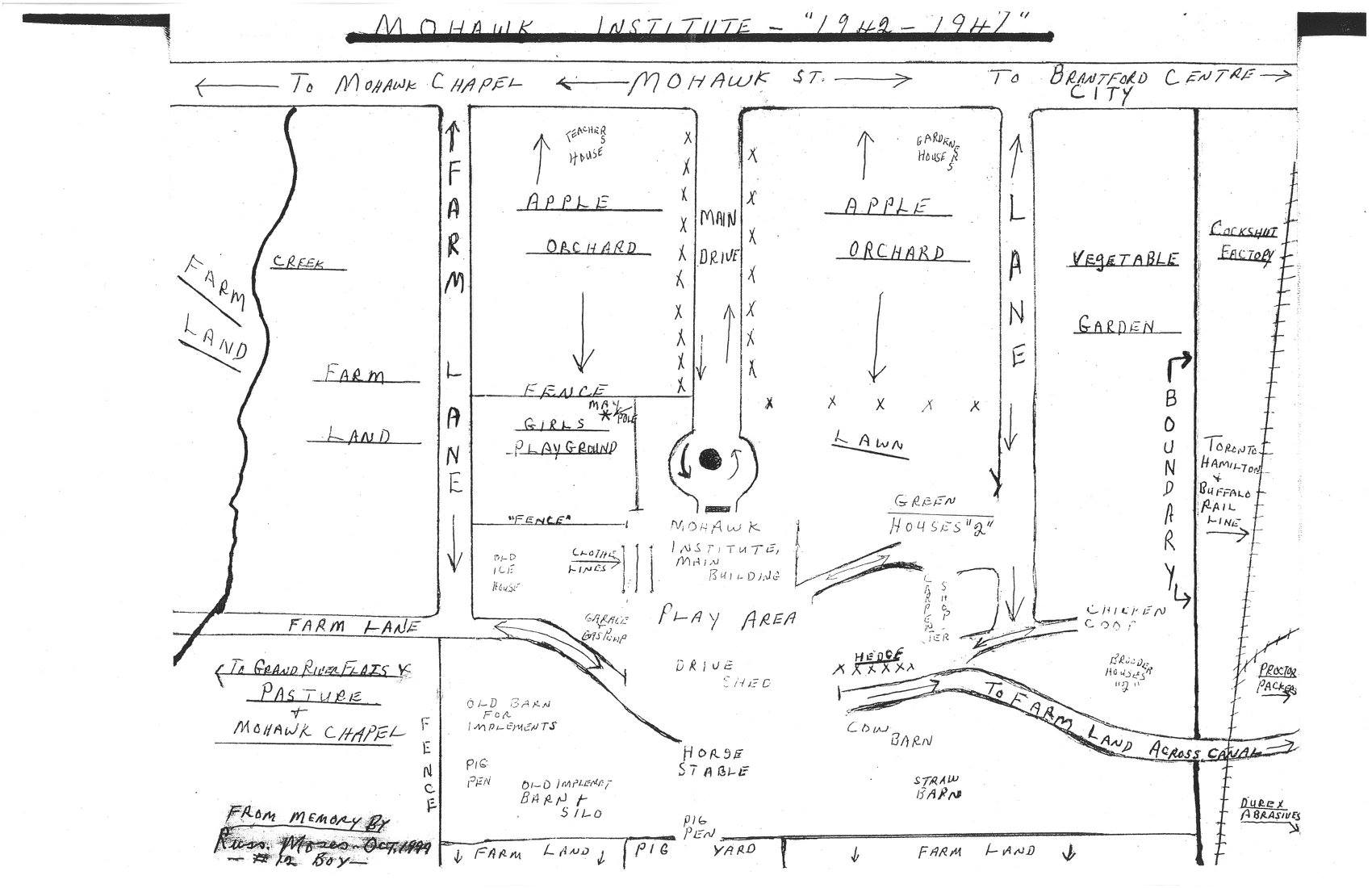 手绘的莫霍克研究所地图，Russ Moses, 1999年。你会注意到，在左下角，拉斯在他的地图上签上了他的寄宿学校序列号，“# 12男孩”。