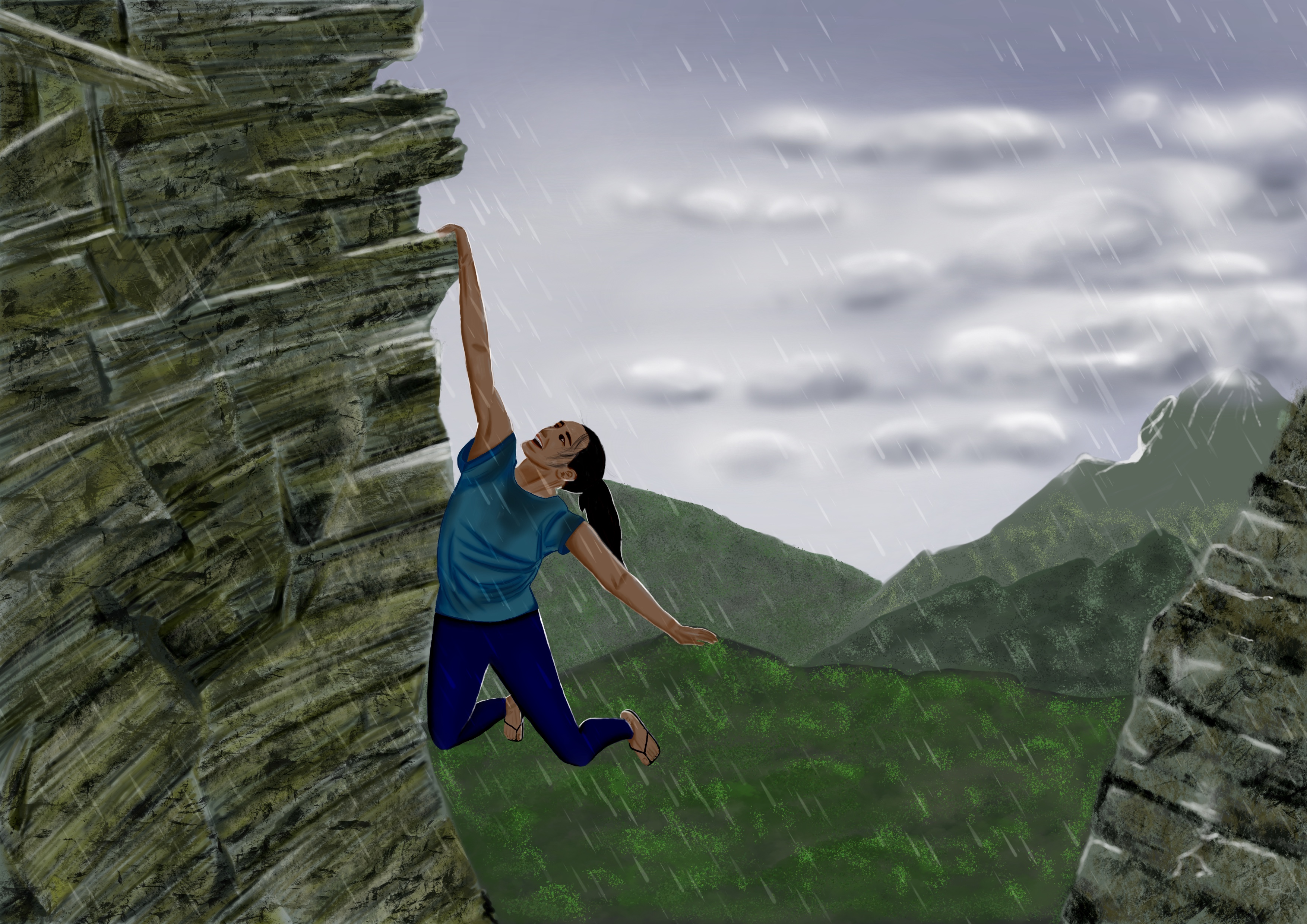 女孩用一只手挂在悬崖上