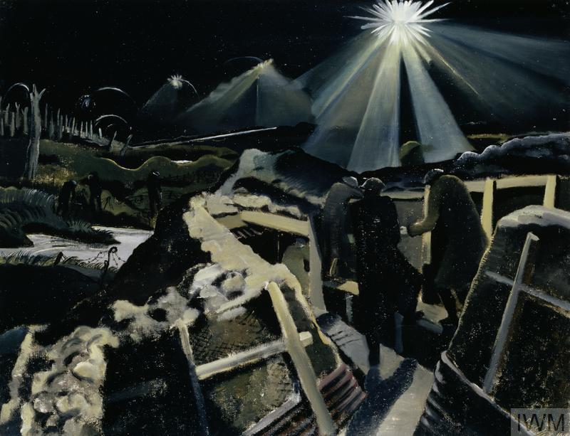 夜晚的伊普尔突出(第2条)。IWM ART 1145)图片:一幅夜景，一颗明亮的星壳照亮了战场的视野，三名士兵站在战壕的火阶上。左边是一个被水淹没的弹坑，那里站着另外三个士兵，被一片树桩林地所俯瞰。版权:©IWM。来源:http://www.iwm.org.uk/collections/item/object/20069