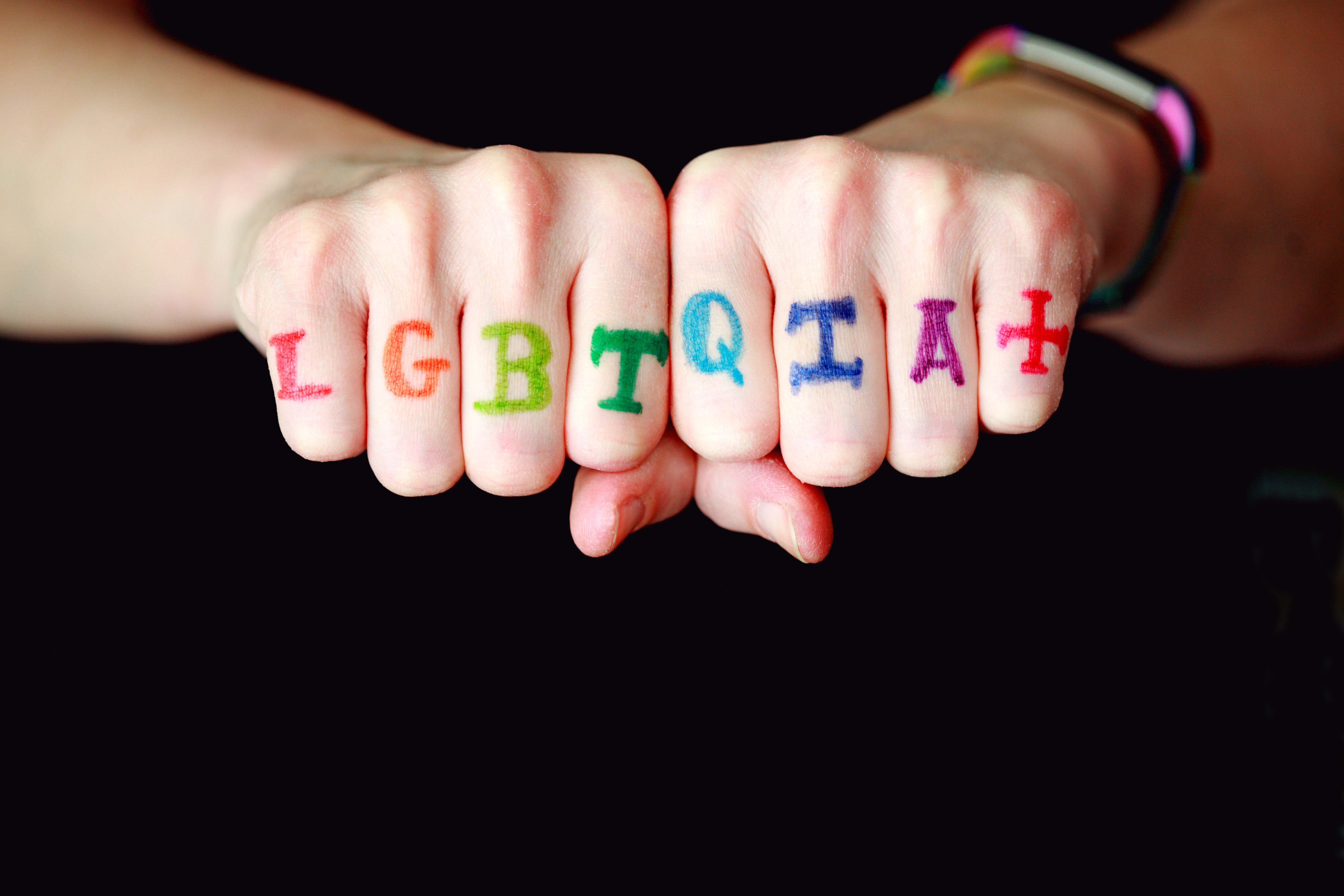 LGBTQIA+字母用彩虹的颜色写在合在一起的手指上