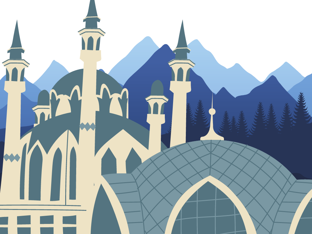 说明清真寺的背景与蓝山剪影