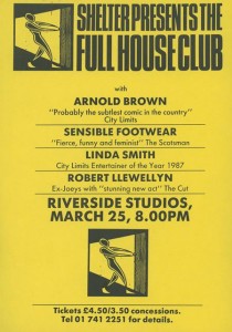 3月25日，琳达·史密斯在河畔工作室的单口相声表演海报，作为“庇护所呈现全屋俱乐部”的一部分。