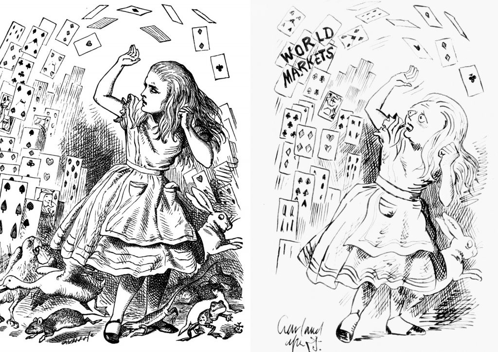 约翰·坦尼尔(John Tenniel)最初的爱丽丝被一副纸牌攻击的插图(左)和尼古拉斯·加兰(Nicholas Garland)将玛格丽特·撒切尔描绘成爱丽丝被“世界市场”攻击的政治漫画(右)。