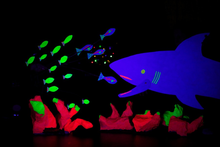 紫外光下的装置艺术作品，展示水下的场景;想象自闭症项目准备的装置之一。
