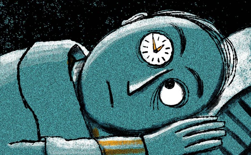 一个男人躺在床上的漫画。他的一只眼睛被描绘成一个钟面，给人的印象是他要么挣扎着入睡，要么想着需要起床。