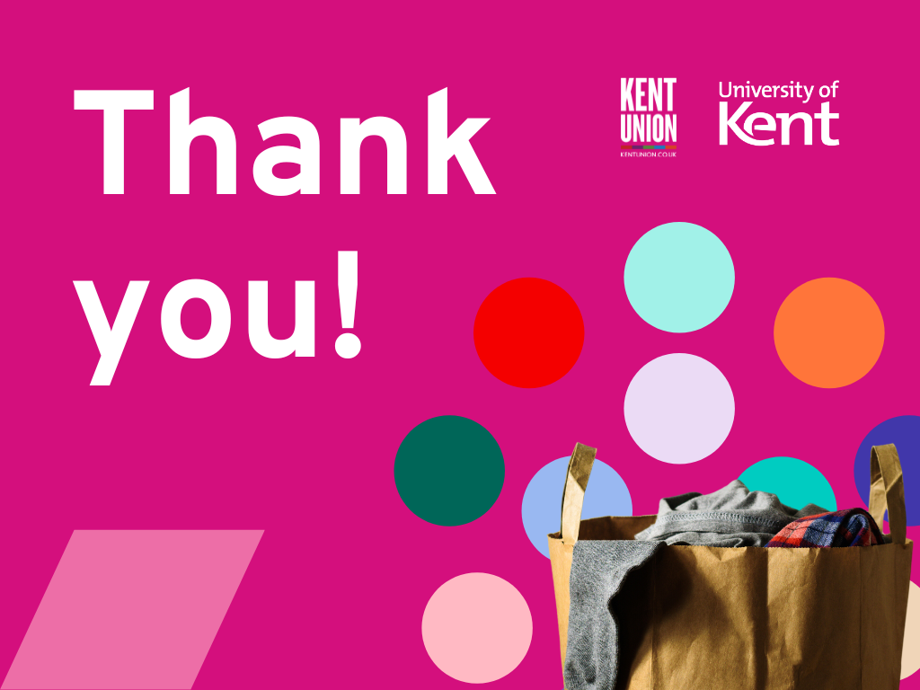 Clothes in paper back on pink background with Kent and Kent Union logos, with text 'Thank you'